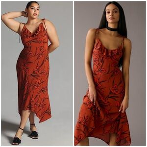 By Anthropologie Ruffled V-Neck Slip Midi Strappy Dress Orange Floral Size XL